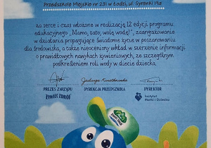 Certyfikat dla Przedszkola Miejskiego nr 231 za udział w projekcie "Mamo, tato, wolę wodę".