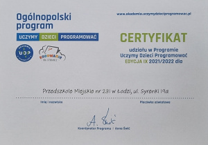 Certyfikat dla Przedszkola Miejskiego nr 231 za udział w projekcie "Uczymy Dzieci Programować"