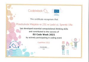 Certyfikat aktywnego udziału w wydarzeniach Europejskiego Tygodnia Kodowania Codeweek 2021