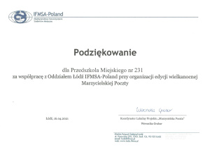 Podziękowanie dla Przedszkola Miejskiego nr 231 w Łodzi za współpracę z Oddziałem Łódź IFMSA-Poland przy organizacji edycji wielkanocnej Marzycielskiej Poczty