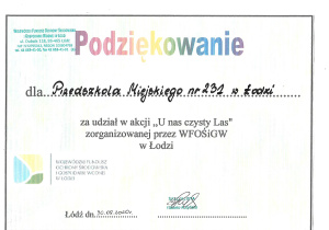 Podziękowanie dla Przedszkola Miejskiego nr 231 w Łodzi za udział w akcji "U nas czysty Las" zorganizowanej przez WFOŚiGW w Łodzi