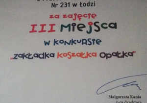 Dyplom dla Amelii Siemińskiej za zajęcie III miejsca w konkursie "Zakładka Koszałka Opałka"