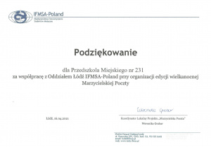 Podziękowanie dla Przedszkola Miejskiego nr 231 w Łodzi za współpracę z Oddziałem Łódź IFMSA-Poland przy organizacji edycji wielkanocnej Marzycielskiej Poczty