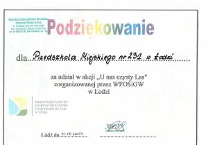 Podziękowanie dla Przedszkola Miejskiego nr 231 w Łodzi za udział w akcji "U nas czysty Las" zorganizowanej przez WFOŚiGW w Łodzi